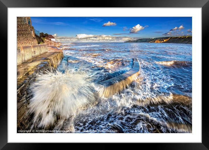 waves and foam looking out to sea from the Yorkshire coastal village of Runswick Bay. Framed Mounted Print by Anthony David Baynes ARPS