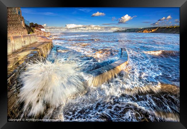 waves and foam looking out to sea from the Yorkshire coastal village of Runswick Bay. Framed Print by Anthony David Baynes ARPS