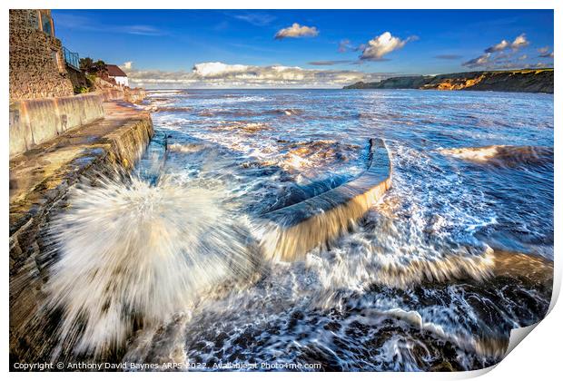waves and foam looking out to sea from the Yorkshire coastal village of Runswick Bay. Print by Anthony David Baynes ARPS