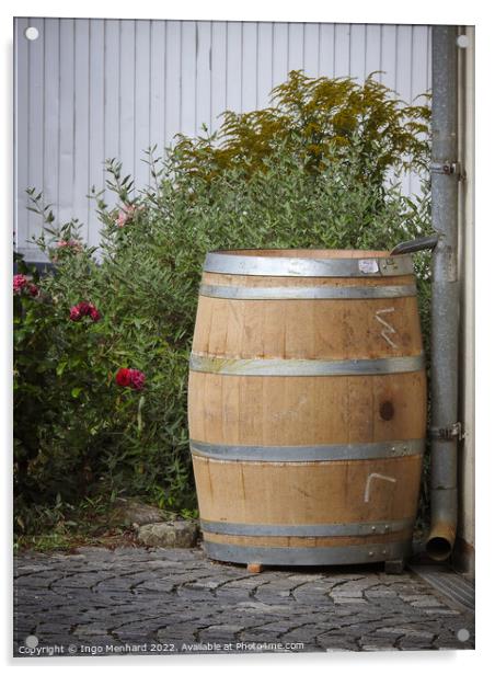 A vertical shot of an old big wooden rain barrel in the garden Acrylic by Ingo Menhard