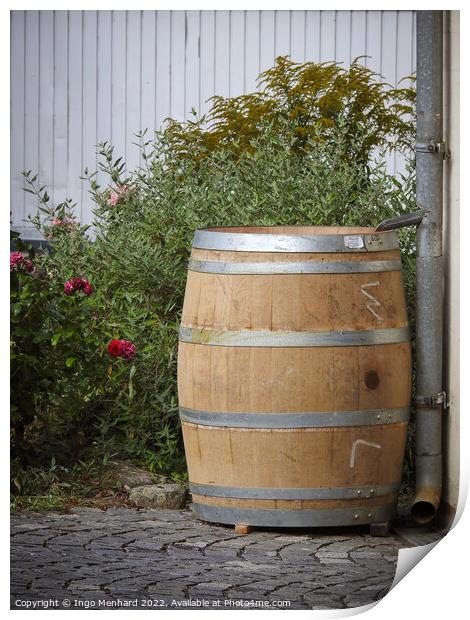 A vertical shot of an old big wooden rain barrel in the garden Print by Ingo Menhard