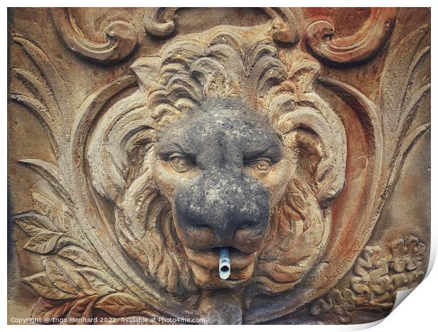 Lion head fountain sculpture Print by Ingo Menhard