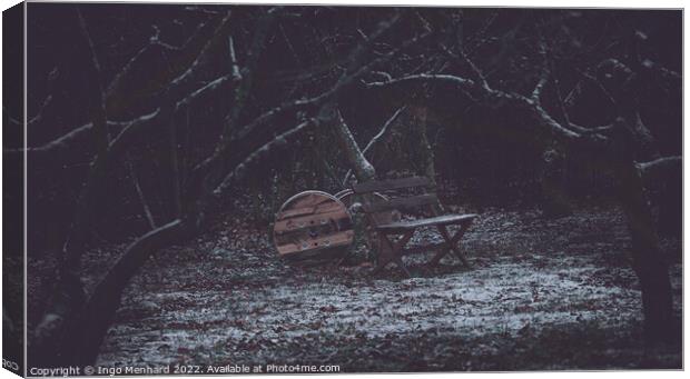 Wooden bench on the icy meadow Canvas Print by Ingo Menhard