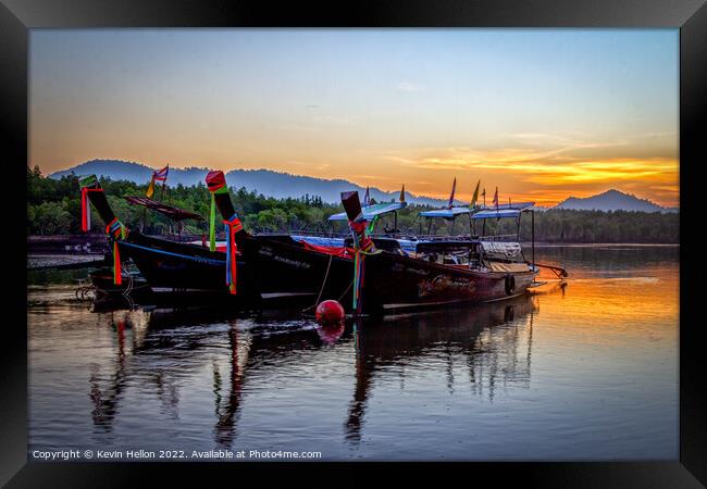 Long tail boats moored in Psk Meng, Trang Province at sunrise. Framed Print by Kevin Hellon