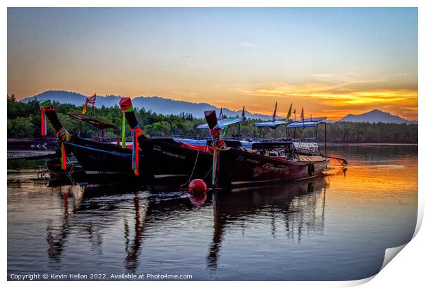 Long tail boats moored in Psk Meng, Trang Province at sunrise. Print by Kevin Hellon