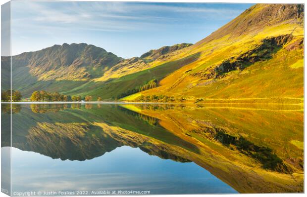 Buttermere reflections, Lake District Canvas Print by Justin Foulkes