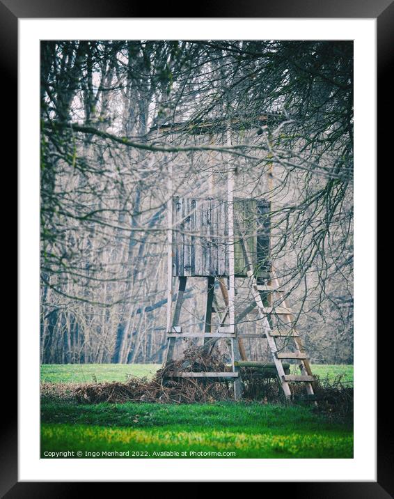 Wooden hunter seat hidden behind tree branches Framed Mounted Print by Ingo Menhard