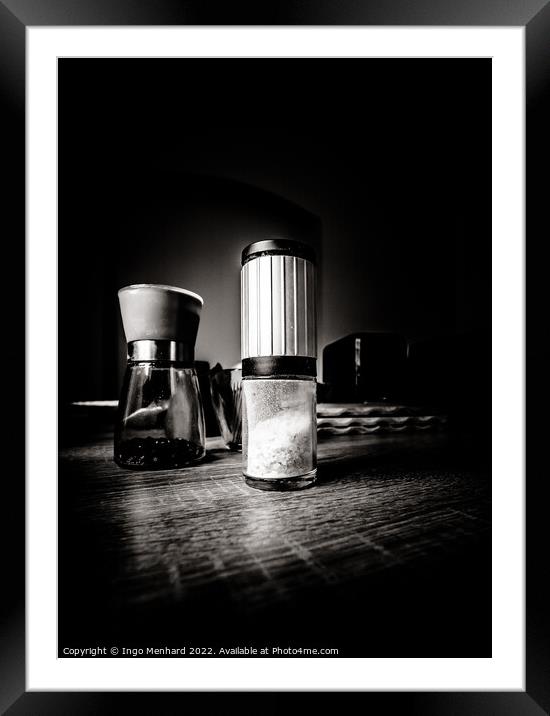 Closeup grayscale of a salt shaker on the wooden surface Framed Mounted Print by Ingo Menhard