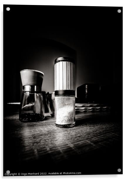 Closeup grayscale of a salt shaker on the wooden surface Acrylic by Ingo Menhard