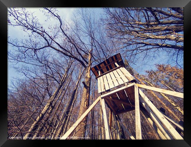 Low angle shot of a wooden treehouse with bare trees against the blue sky Framed Print by Ingo Menhard