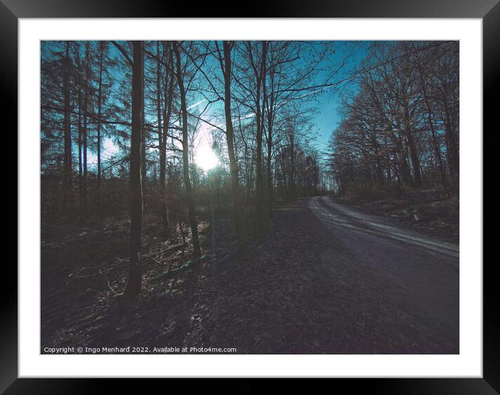 Sunshine through the forest in a dark forest Framed Mounted Print by Ingo Menhard