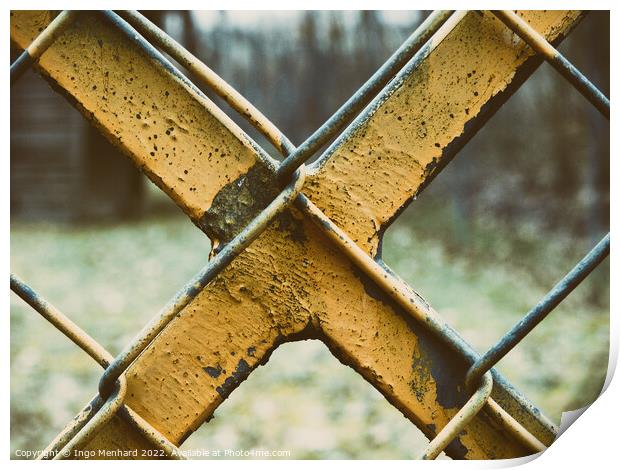 Old and weathered yellow-painted metal fence Print by Ingo Menhard