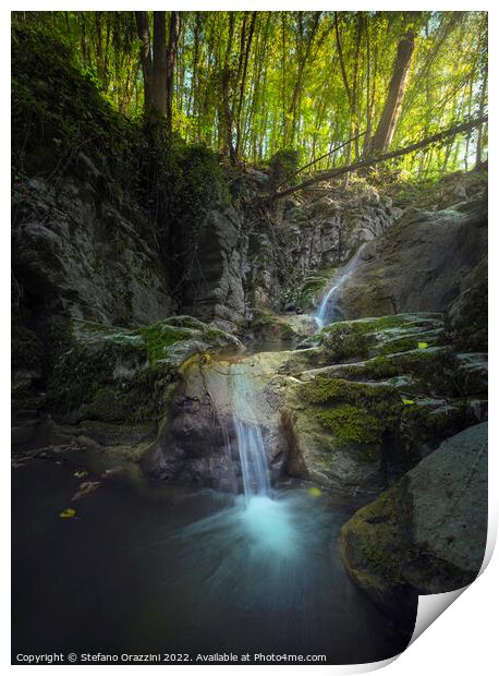 Stream waterfall inside a forest. Chianni, Tuscany Print by Stefano Orazzini