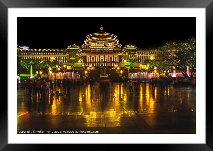 Dancing Renmin Square Chongqing Sichuan China Night Lights Framed Mounted Print by William Perry