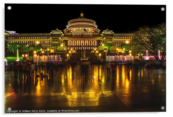 Dancing Renmin Square Chongqing Sichuan China Night Lights Acrylic by William Perry