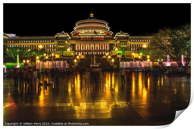 Dancing Renmin Square Chongqing Sichuan China Night Lights Print by William Perry