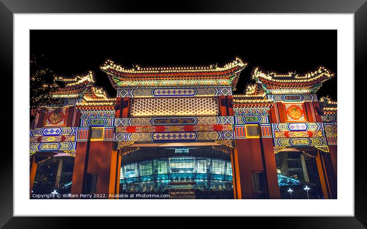 Chinese Gate Renmin Square Chongqing Sichuan China Night Lights Framed Mounted Print by William Perry