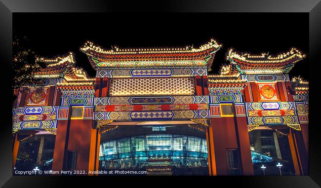 Chinese Gate Renmin Square Chongqing Sichuan China Night Lights Framed Print by William Perry