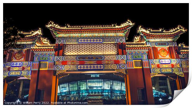 Chinese Gate Renmin Square Chongqing Sichuan China Night Lights Print by William Perry