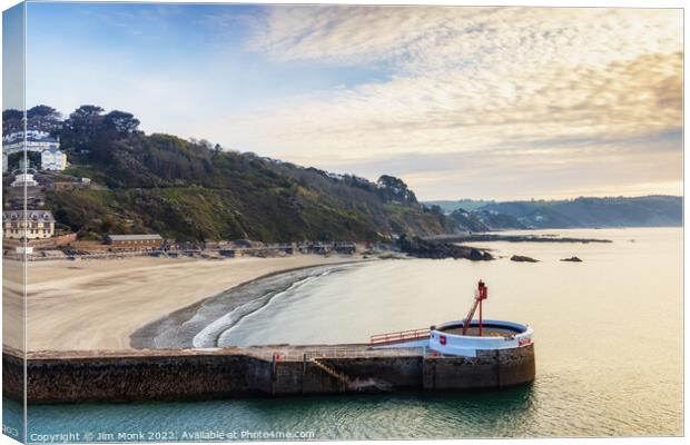 Banjo Pier and Beach, Looe Canvas Print by Jim Monk