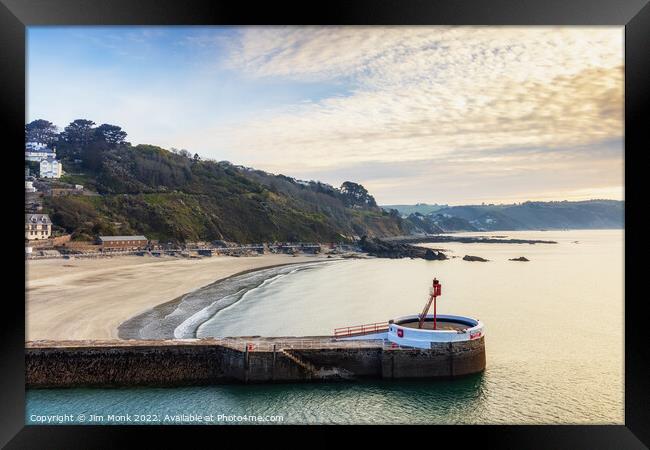 Banjo Pier and Beach, Looe Framed Print by Jim Monk