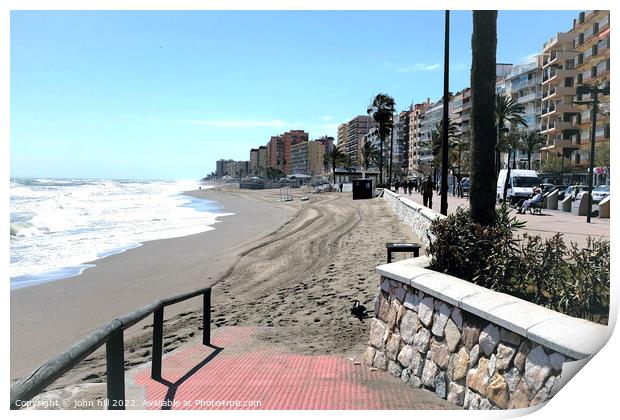 South beach and promenade on windy day, Fuengirola, Spain. Print by john hill