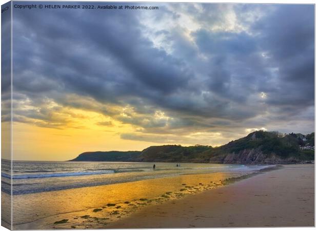 Caswell Bay Sunset Canvas Print by HELEN PARKER