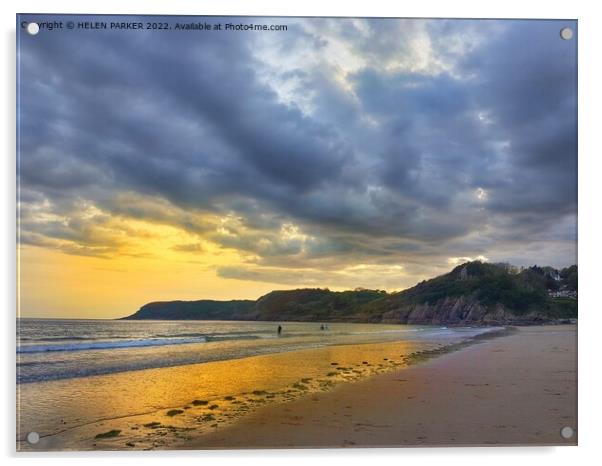 Caswell Bay Sunset Acrylic by HELEN PARKER