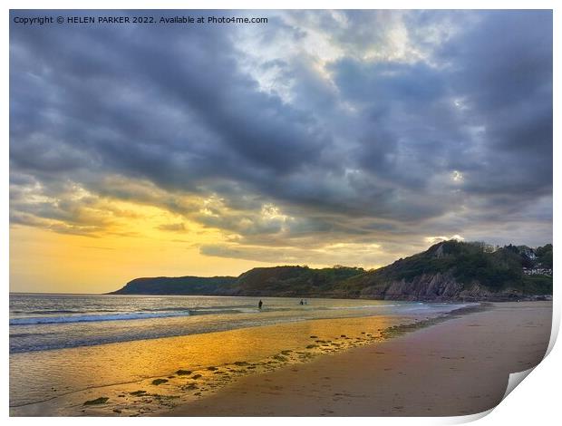 Caswell Bay Sunset Print by HELEN PARKER