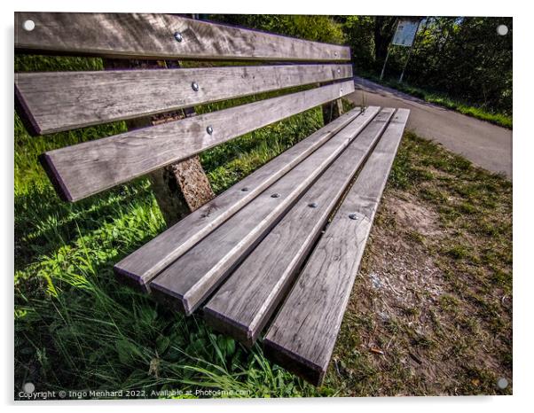 Closeup shot of a wooden bench near a road Acrylic by Ingo Menhard