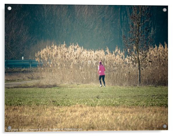Woman in a pink jacket jogging in the park with dried reed grass background Acrylic by Ingo Menhard