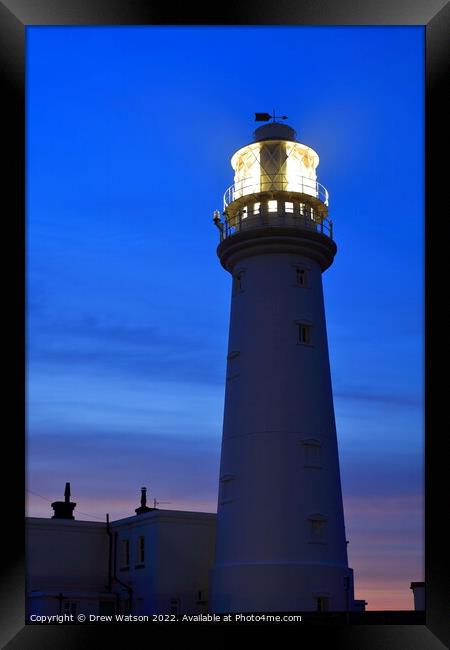 Flamborough lighthouse at dawn. Framed Print by Drew Watson