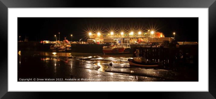 Bridlington harbour at night. Framed Mounted Print by Drew Watson