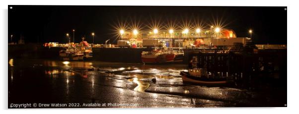 Bridlington harbour at night. Acrylic by Drew Watson