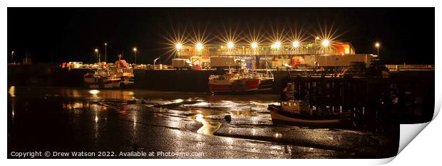 Bridlington harbour at night. Print by Drew Watson