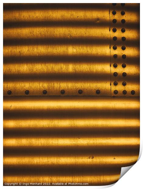 Golden metal texture with lined shadows from blinds attached with screw fasteners Print by Ingo Menhard
