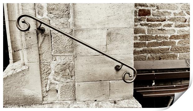 Closeup shot of a decorative metal rail on an old stone wall - perfect for background Print by Ingo Menhard