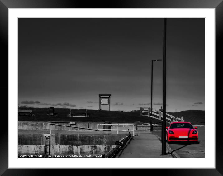 Red Porsche Car & Harbour Line Monochrome Framed Mounted Print by OBT imaging