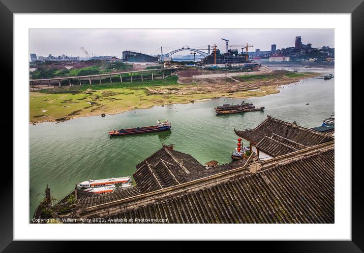 River Boats Buildings Jialing River Chongqing Sichuan China Framed Mounted Print by William Perry
