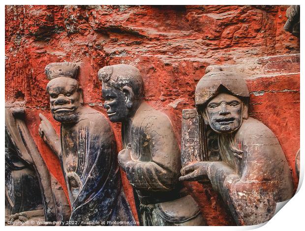 Ancient Men Rock Carvings Dazu Sichuan China Print by William Perry