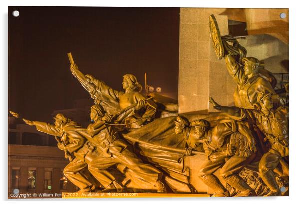 Mao Statue Heroes Zhongshan Square Shenyang Liaoning China Night Acrylic by William Perry
