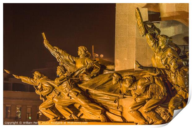 Mao Statue Heroes Zhongshan Square Shenyang Liaoning China Night Print by William Perry