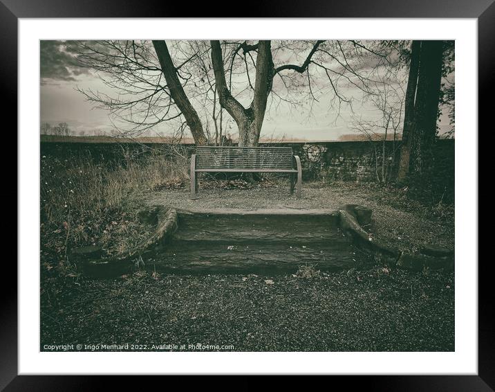 Mysterious autumn scene with a single empty bench Framed Mounted Print by Ingo Menhard