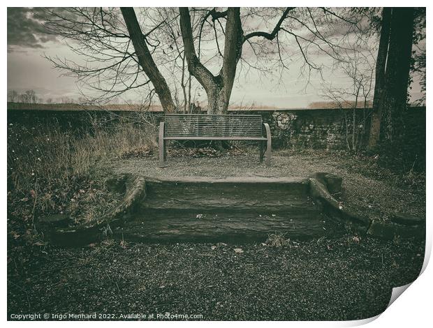 Mysterious autumn scene with a single empty bench Print by Ingo Menhard