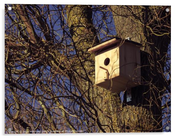 Scenic shot of a wooden birdhouse hanging from a tree Acrylic by Ingo Menhard