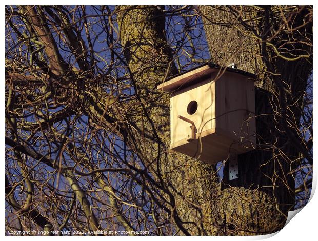 Scenic shot of a wooden birdhouse hanging from a tree Print by Ingo Menhard