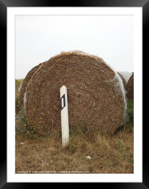 A closeup shot of brown round hay bale behind road signal white bollard at the gloomy day Framed Mounted Print by Ingo Menhard