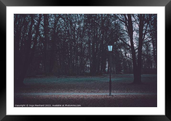 Glowing lamp post in the park on a winter morning Framed Mounted Print by Ingo Menhard