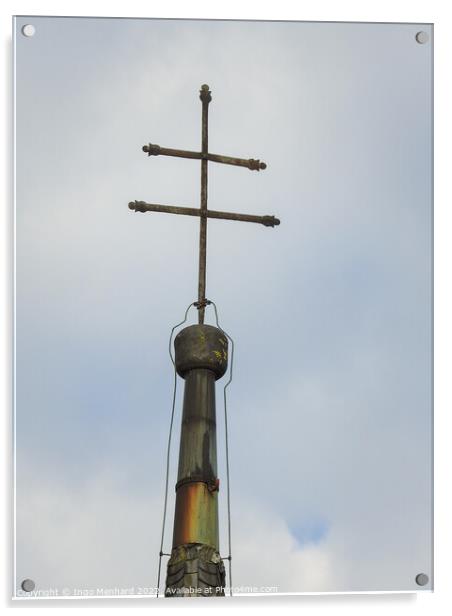 A vertical shot of a metallic cross on a cloudy sky background Acrylic by Ingo Menhard