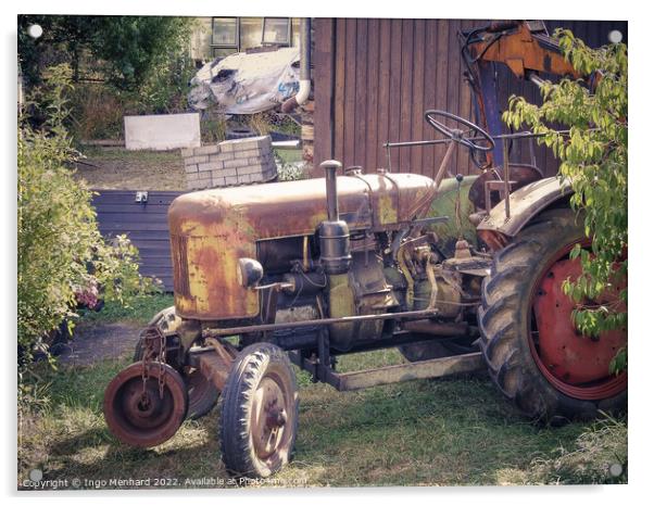 Old German tractor in the garden Acrylic by Ingo Menhard